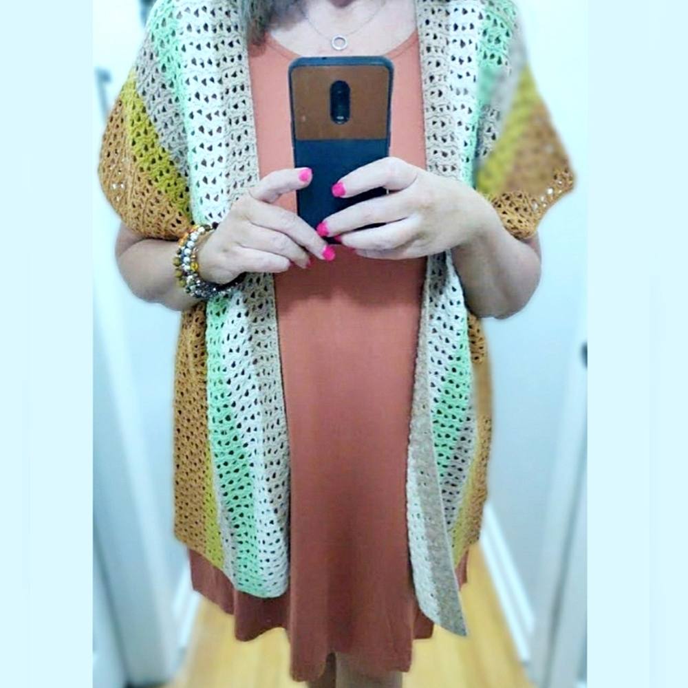 BOUTIQUE NWT Loveriche Rust Multi Open Front Crochet Cardigan OSFM
